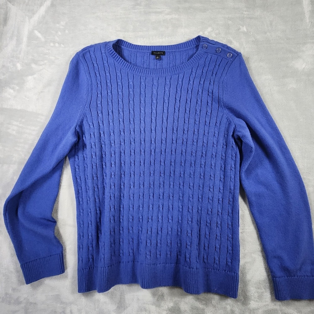 Talbots Wool Blend Sweater Womens XL Cable Knit Blue Button Shoulder Pullover